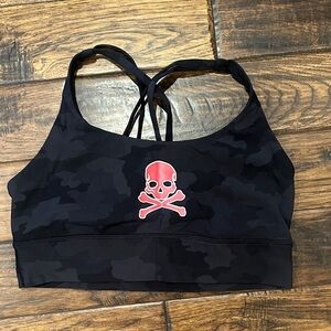 Lululemon Black Camouflage Sports Bra with SoulCycle Skull Design